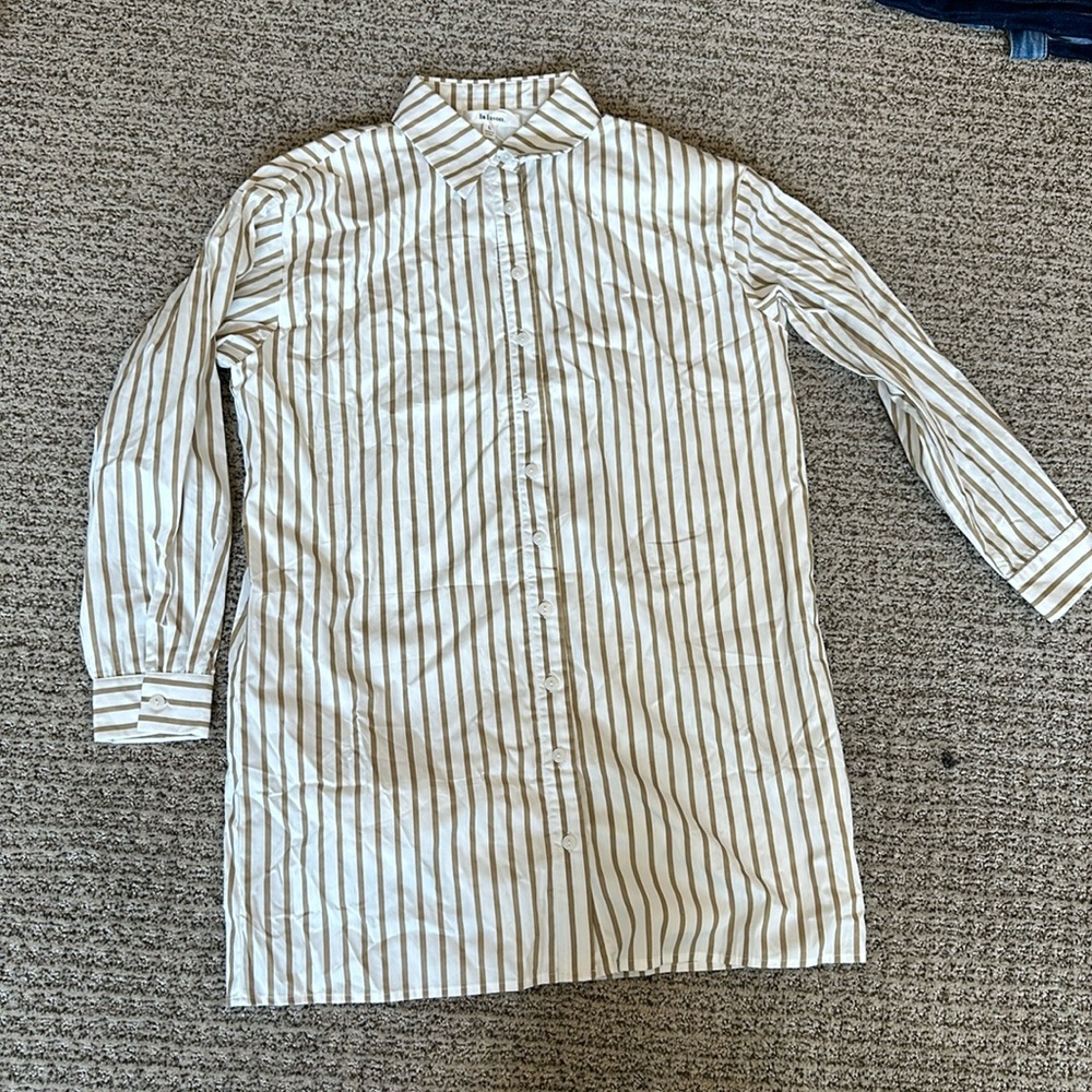 White and Tan stripe shirt dress